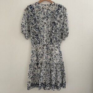 LUCKY BRAND Floral Mini Dress Ruffle Tired Boho Cottage White Blue Embroidered S